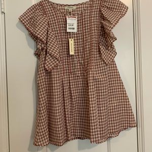 NEW WITH TAGS - Cream & rust ruffle sleeve button down peplum top